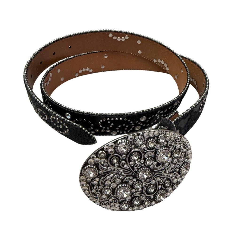 Black Calf Hair Studded Crystal Western Belt Large Bling Y2K